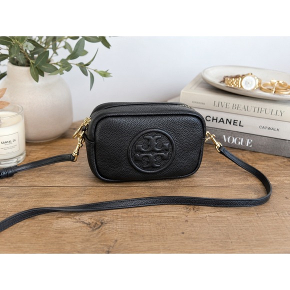 Tory Burch Handbags - Tory Burch Perry Bombe Mini Bag Black Pebbled Leather Crossbody Camera Bag